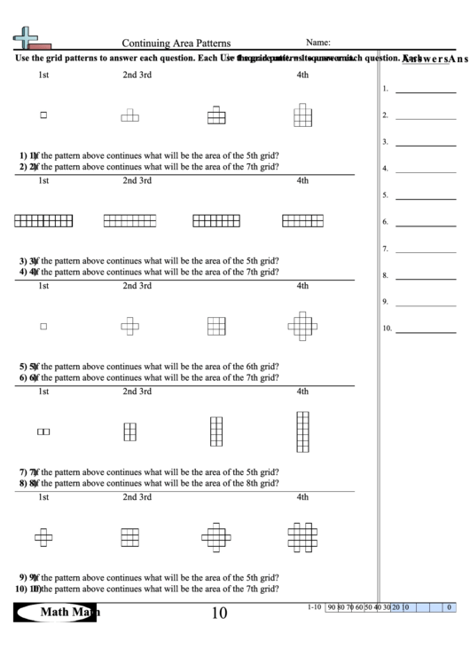 Continuing Area Patterns Worksheet With Answer Key Printable pdf