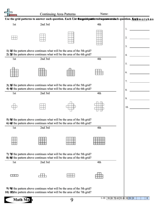 Continuing Area Patterns Worksheet With Answer Key Printable pdf