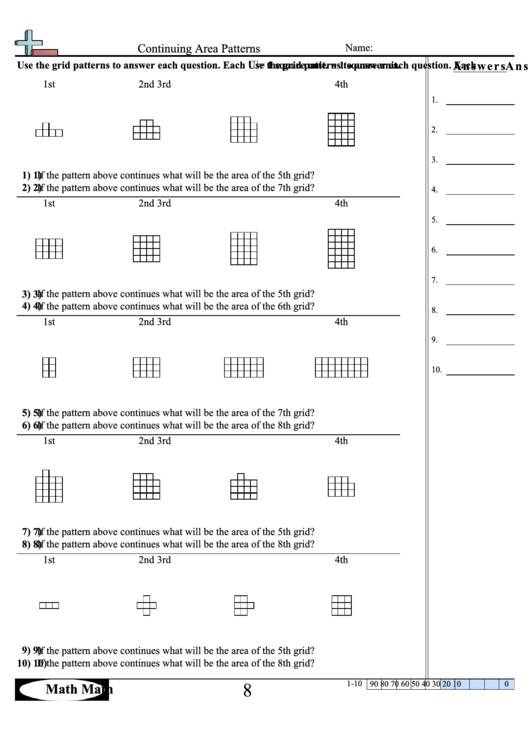 Continuing Area Patterns Worksheet With Answer Key Printable pdf