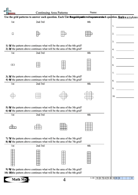 Continuing Area Patterns Worksheet With Answer Key Printable pdf