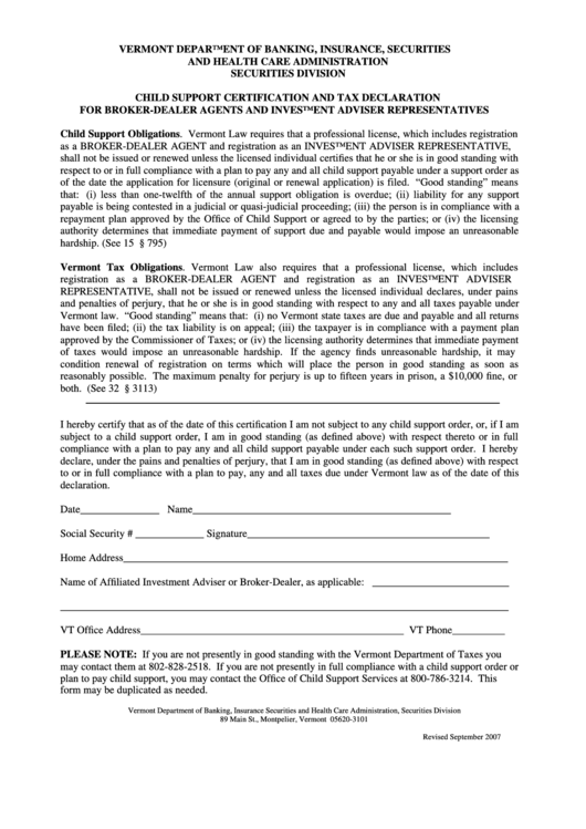 Child Support Certification Form And Tax Declaration For Broker-Dealer Agents And Investment Adviser Representatives - Vermont Department Of Banking Printable pdf