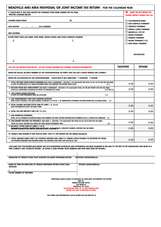 Fillable Meadville And Area Individual Or Joint Income Tax Return Form Printable pdf