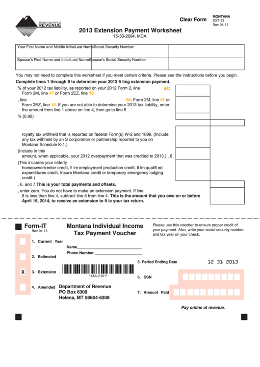 Montana Form Ext-13 - Extension Payment Worksheet - 2013 Printable pdf
