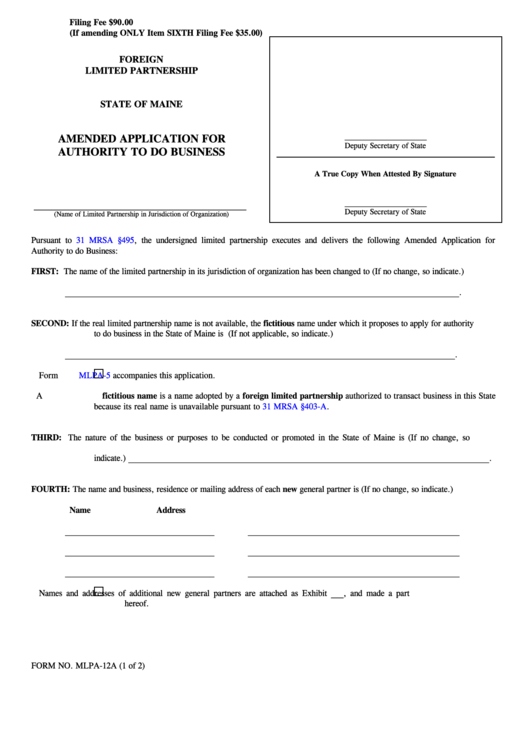 Form Mlpa-12a - Amended Application For Authority To Do Business - State Of Maine - 2004 Printable pdf