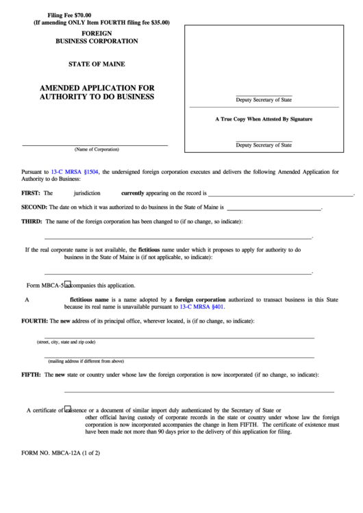Form Mbca-12a - Amended Application For Authority To Do Business Printable pdf