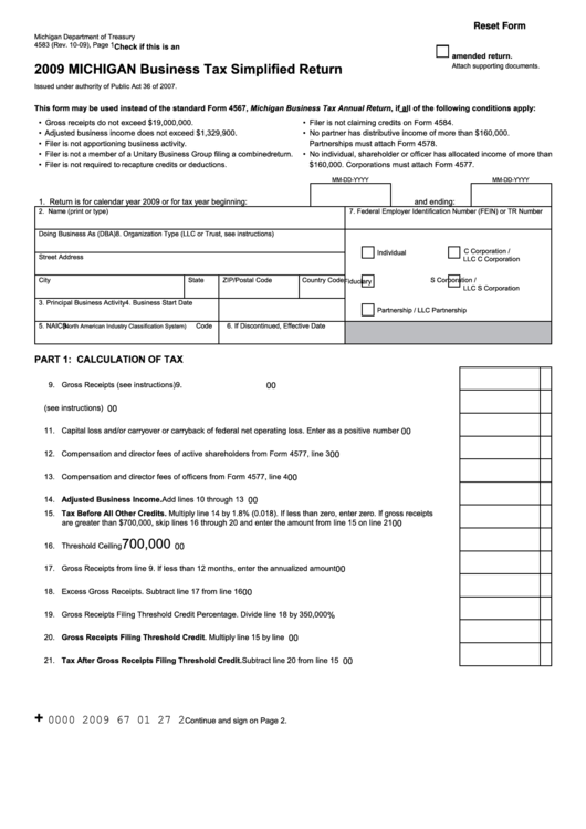 Fillable Form 4583 - Michigan Business Tax Simplified Return - 2009 Printable pdf