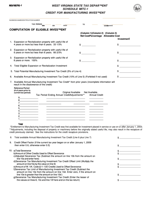 Form Wv/mitc-1 - Schedule Mitc-1 (For Periods Prior To January 1, 2015) - Credit For Manufacturing Investment - Wv State Tax Department Printable pdf