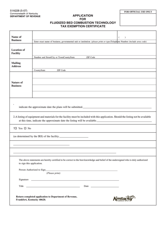 Form 51a228 - Tax Exemption Certificate - Application Form For Fluidized Bed Combustion Technology Printable pdf