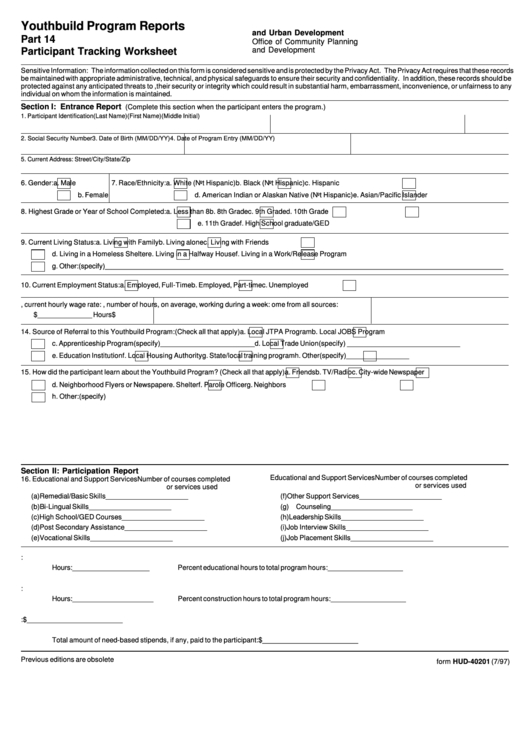 Form Hud-40201 - Youthbuild Program Reports - U.s. Department Of Housing And Urban Development Printable pdf