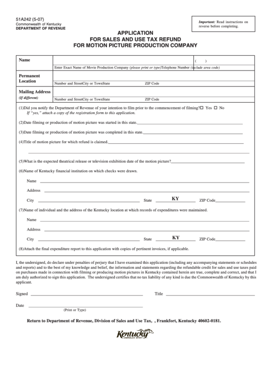 Form 51a242 - Motion Picture Production Company Application Form - Sales And Use Tax Refund Printable pdf