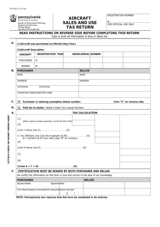 Form Rev- 832 - Aircraft Sales And Use Tax Return - Pennsylvania Department Of Revenue Printable pdf