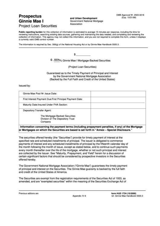 Fillable Form Hud 1724 - Prospectus Ginnie Mae I - U.s. Department Of Housing And Urban Development Printable pdf