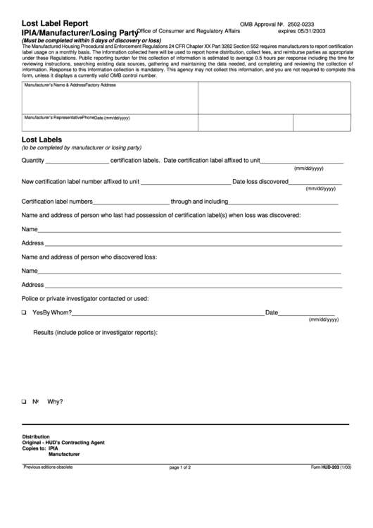 Form Hud-203 - Lost Label Report Ipia/manufacturer/losing Party Printable pdf