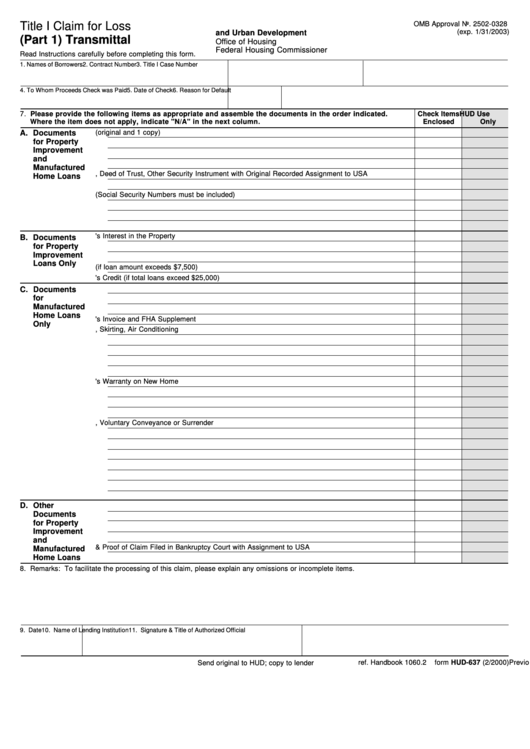 Fillable Form Hud-637 - Title I Claim For Loss (Part 1) Transmittal - U.s. Department Of Housing And Urban Development Printable pdf