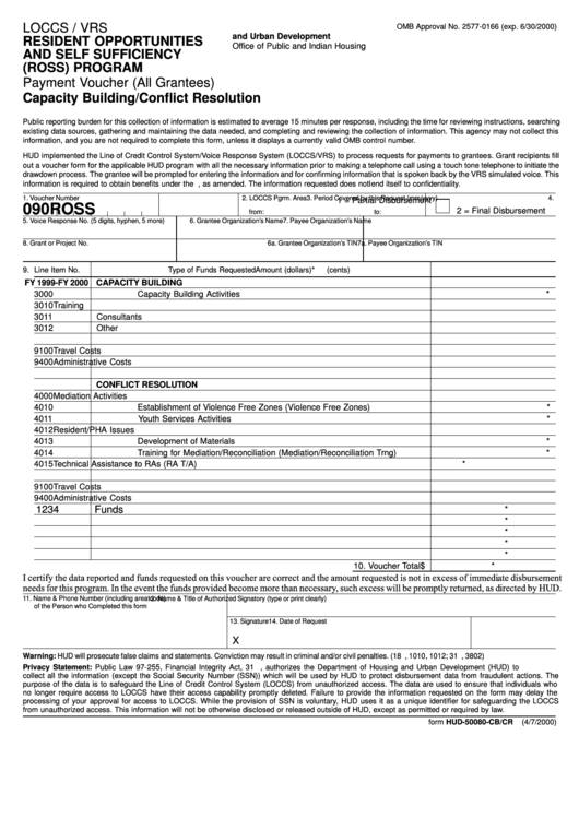 Fillable Form Hud-50080-Cb/cr - Resident Opportunities And Self Sufficiency (Ross) Program Payment Voucher Printable pdf