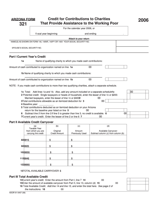 Fillable Arizona Form 321 - Credit For Contributions To Charities That Provide Assistance To The Working Poor - 2006 Printable pdf