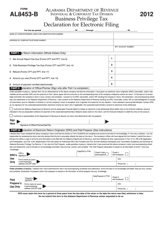 Form Al8453-b - Business Privilege Taxdeclaration For Electronic Filing - 2012