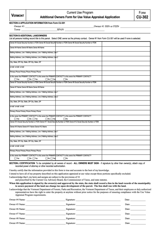 Form Cu-302 - Additional Owners Form For Use Value Appraisal Application Printable pdf