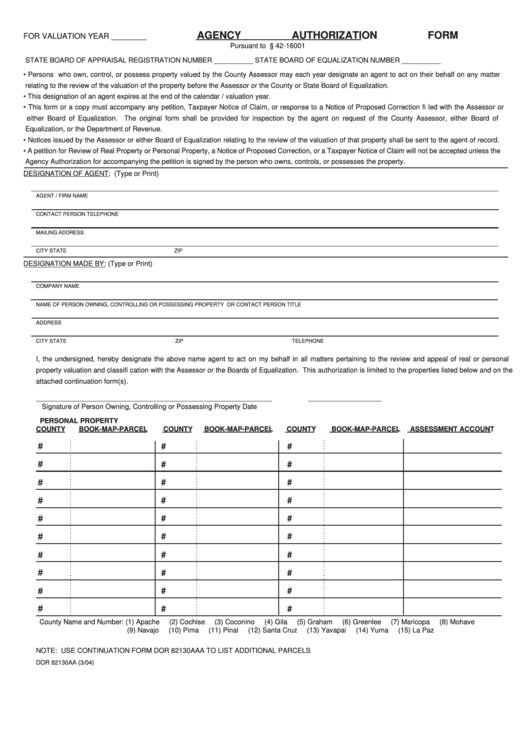 Fillable Forms Dor 82130aa - Agency Authorization Form, Agency Authorization Continuation Form - 2004 Printable pdf