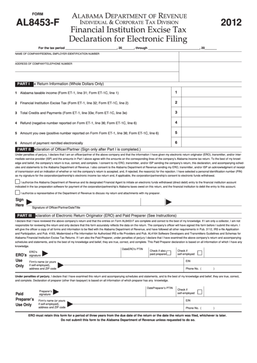 Form Al8453-F - Financial Institution Excise Taxdeclaration For Electronic Filing - 2012 Printable pdf