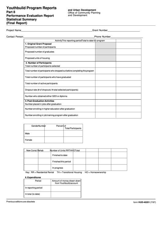 Form Hud-40201 - Youthbuild Program Reports, Part 8, Performance Evaluation Report (Final Report) Printable pdf