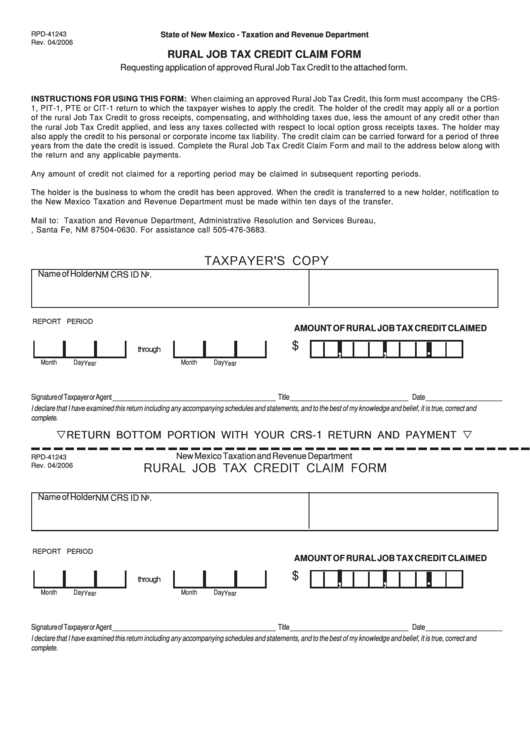 Rural Job Tax Credit Claim Form - State Of New Mexico - 2006 Printable pdf