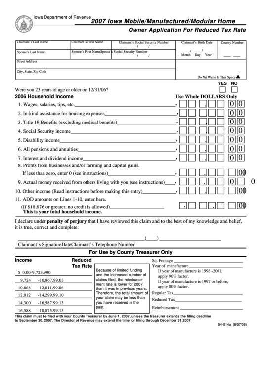 Form 54-014a - Iowa Mobile/manufactured/modular Home Owner Reduced Tax Rate Application - 2007 Printable pdf