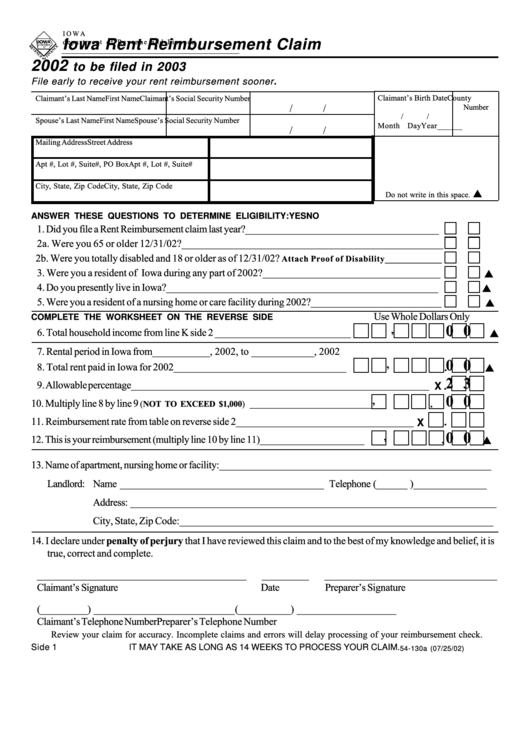 Form 54-130 - Iowa Rent Reimbursement Claim - 2002 Printable pdf