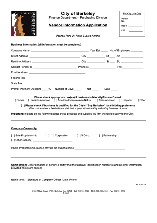 Vendor Information Application Form - City Of Berkeley Finance Department - 2002 Printable pdf