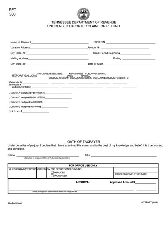 Form Rv-F1402101 - Unlicensed Exporter Claim For Refund - Tennessee Department Of Revenue Printable pdf