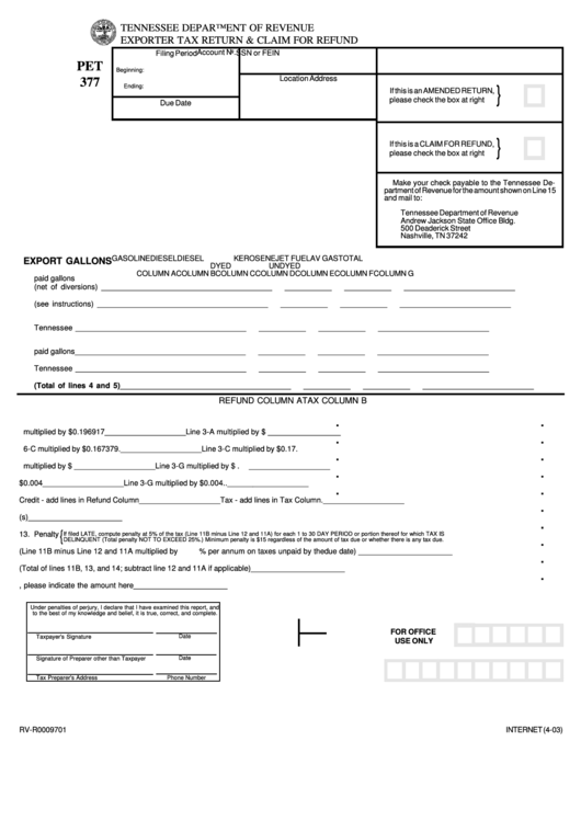 Form Rv-R0009701 - Exporter Tax Return & Claim For Refund - Tennessee Department Of Revenue Printable pdf
