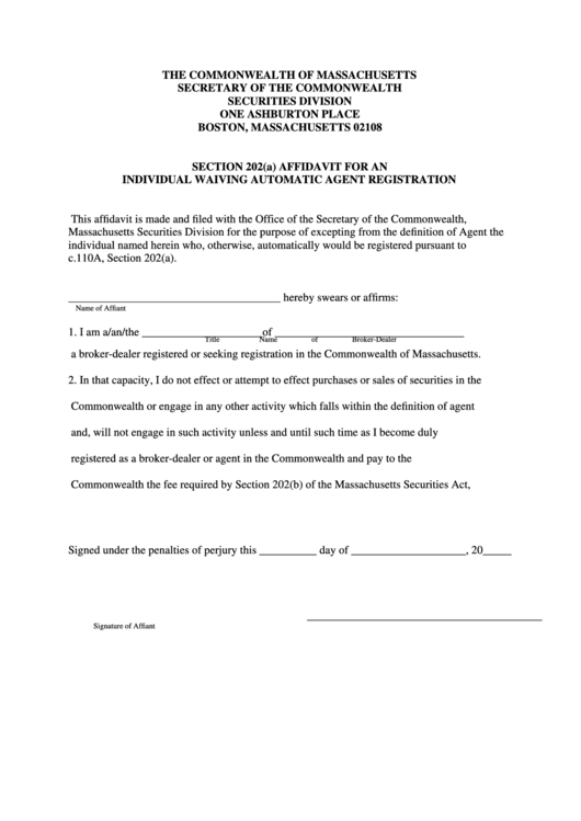 Affidavit Form For An Individual Waiving Automatic Agent Registration Printable pdf