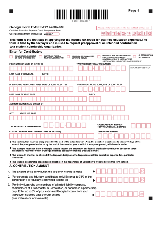 Fillable Georgia Form It-Qee-Tp1 - Qualified Education Expense Credit Preapproval Form Printable pdf