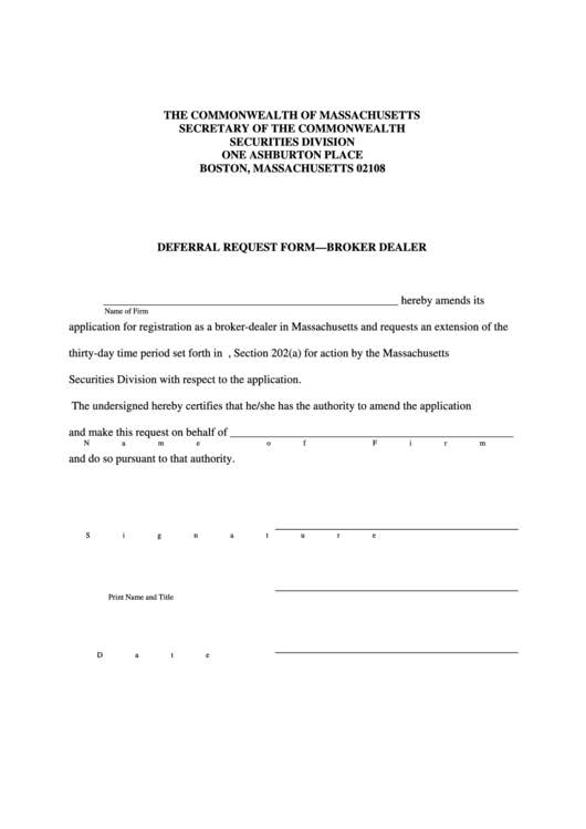 Deferral Request Form - Broker-Dealer Printable pdf