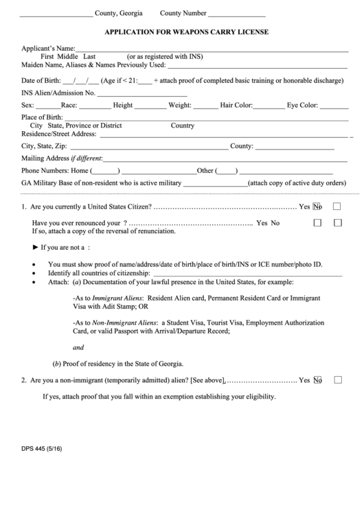 Form Dps 445 - Application For Weapons Carry License - Georgia Printable pdf