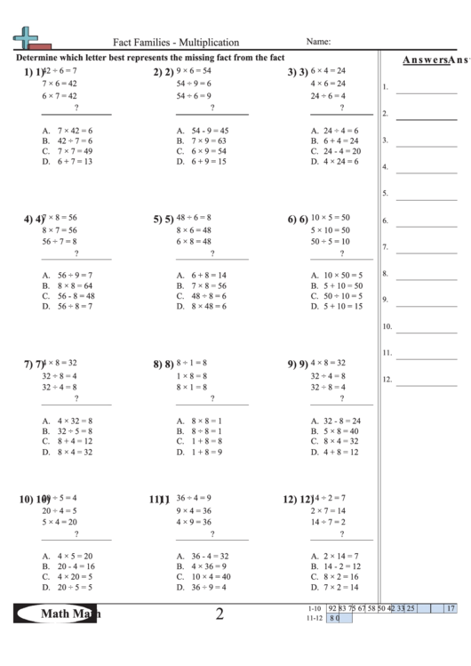 Fact Families Multiplication Worksheet With Answer Key printable pdf