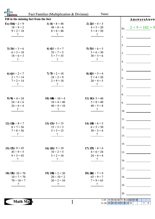 Fact Families Multiplication & Division Worksheet With Answer Key Printable pdf