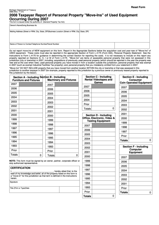 Fillable Form 3966 - Taxpayer Report Of Personal Property "Move-Ins" Of Used Equipment Printable pdf
