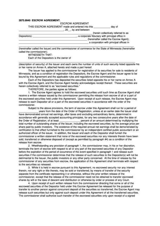 Form 2875.9940 - Escrow Agreement Template Printable pdf