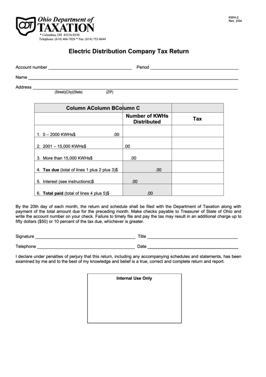 Form Kwh-2 - Electric Distribution Company Tax Return Printable pdf