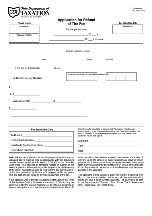 Tr-3 - Application For Refund Of Tire Fee Printable pdf
