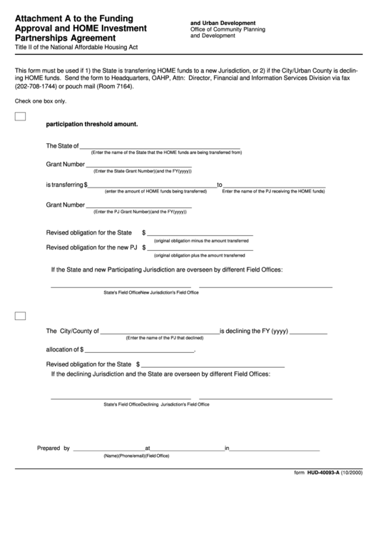 Fillable Form Hud-40093-A - Attachment A To The Funding Approval And Home Investment Partnerships Agreement 2000 Printable pdf