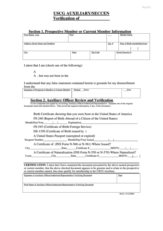 Fillable Verification Of U.s. Citizenship Form Printable pdf