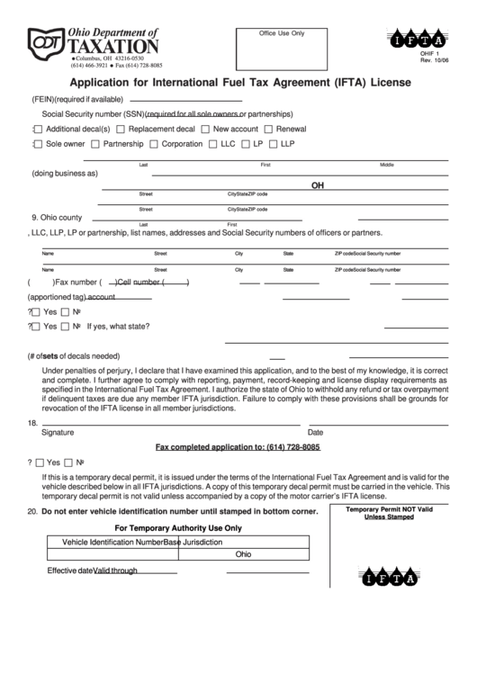 Form Ohif 1 - Application For International Fuel Tax Agreement (Ifta) License 2006 Printable pdf