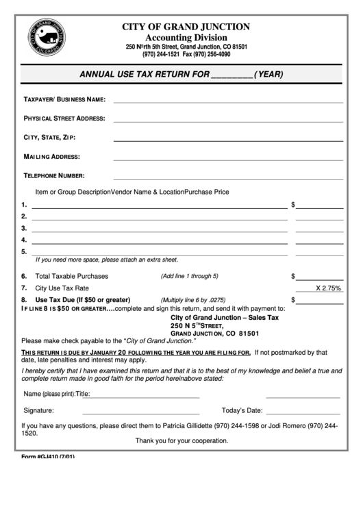 Form Gj410 - Annual Use Tax Return - City Of Grand Junction - 2001 Printable pdf