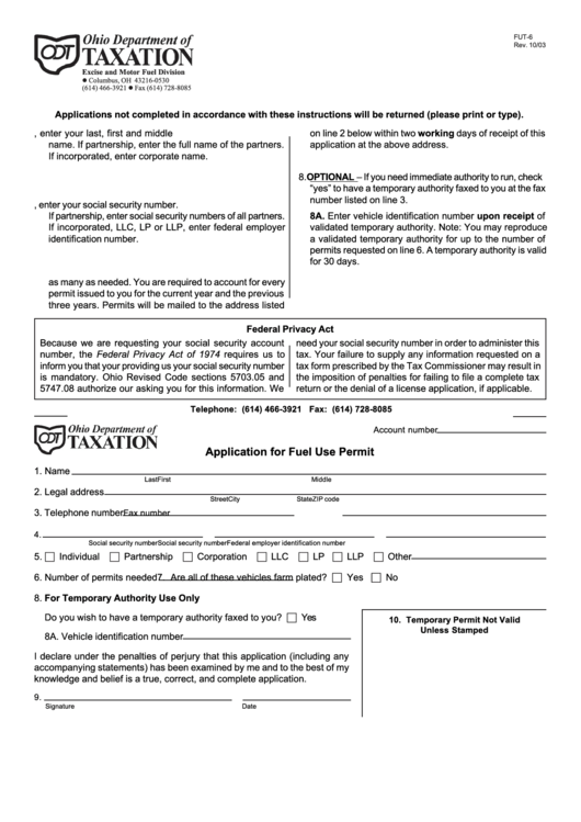 Form Fut-6 - Application For Fuel Use Permit 2003 Printable pdf