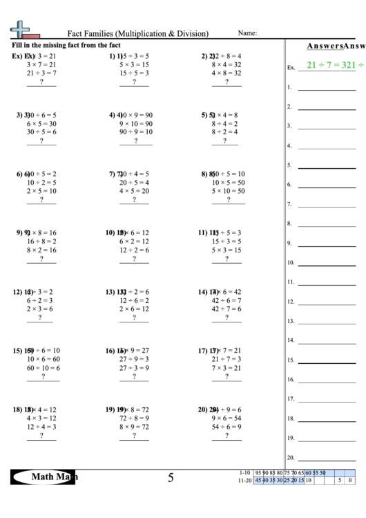  Fact Families Multiplication Division Worksheet With Answer Key Printable Pdf Download