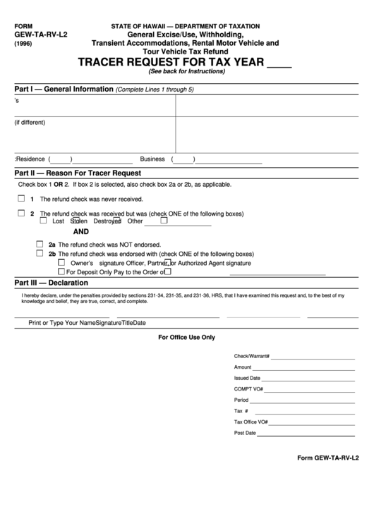 Fillable Form Gew-Ta-Rv-L2 - Tracer Request For Tax Year 1996 Printable pdf