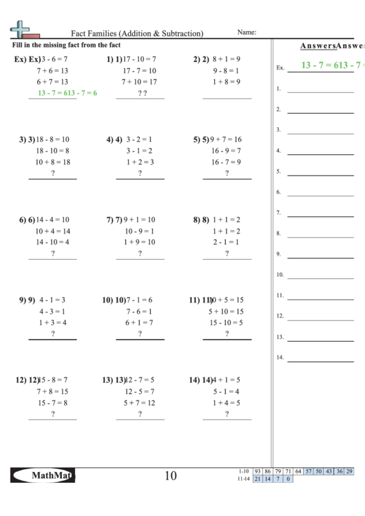 Fact Families Addition Subtraction Worksheet With Answer Key Printable Pdf Download