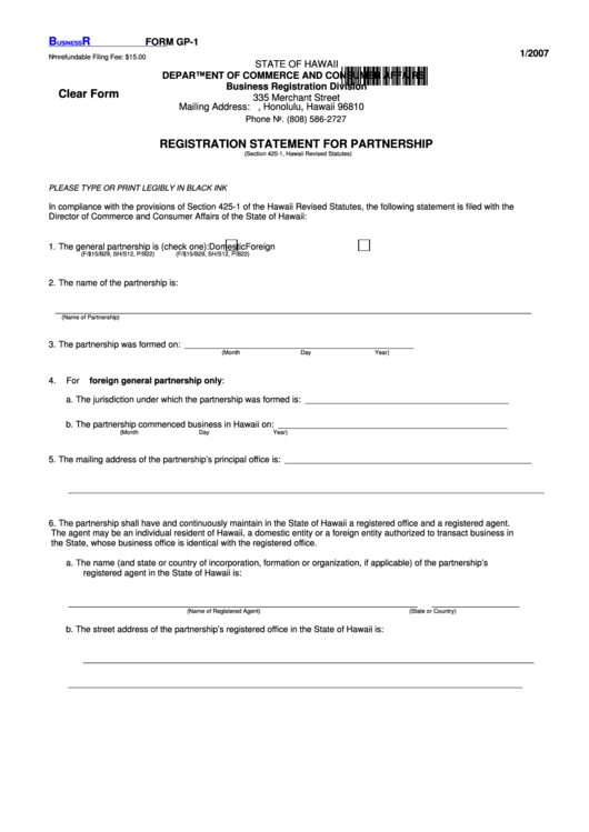 Fillable Form Gp-1 - Registration Statement For Partnership Printable pdf